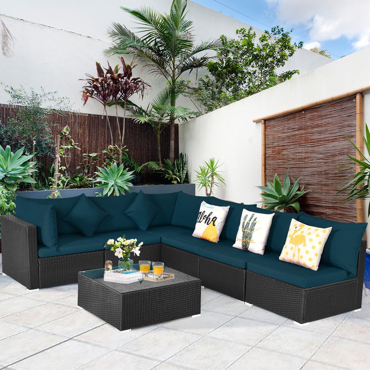 7 Pieces Sectional Wicker Furniture Sofa Set with Tempered Glass Top-Peacock Blue