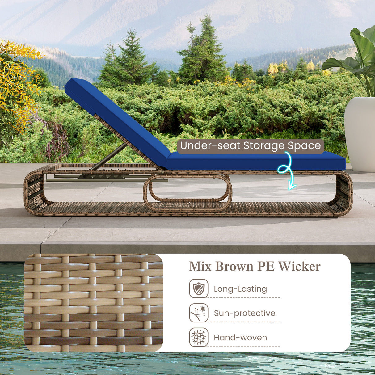 7-Position Adjustable PE Rattan Outdoor Chaise Lounge Chair-Navy
