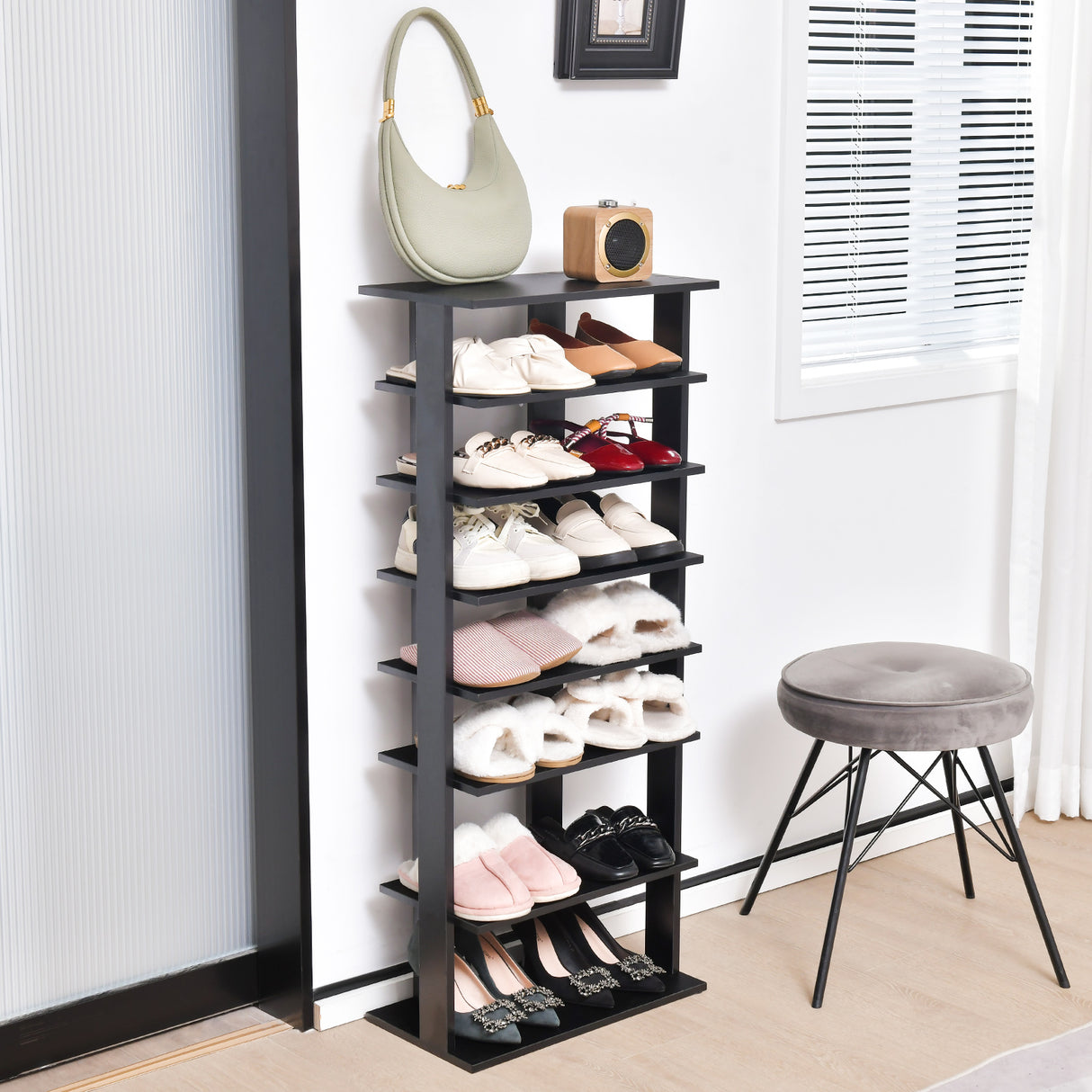 7-Tier Dual Shoe Rack Free Standing Shelves Storage Shelves Concise-Black