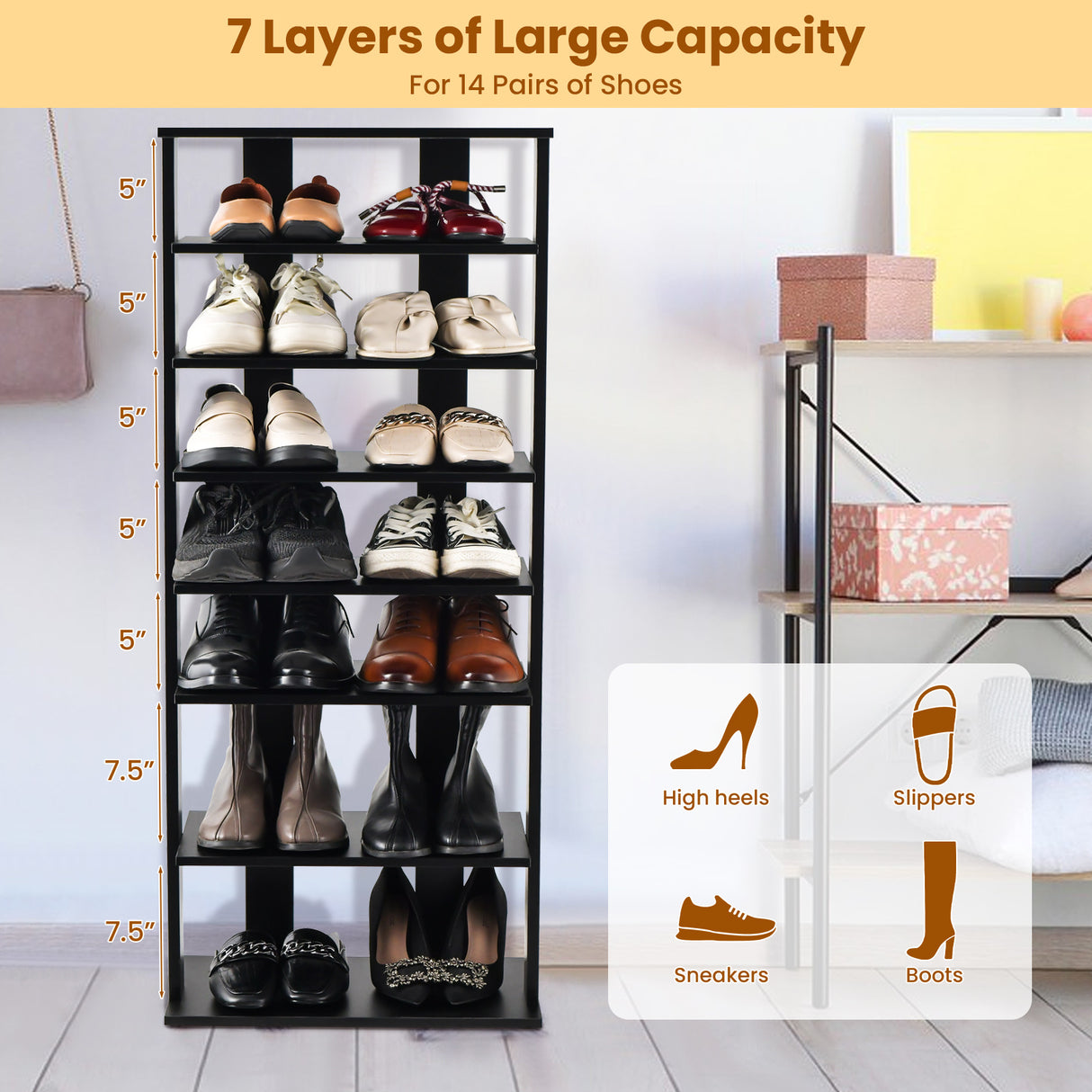 7-Tier Dual Shoe Rack Free Standing Shelves Storage Shelves Concise-Black