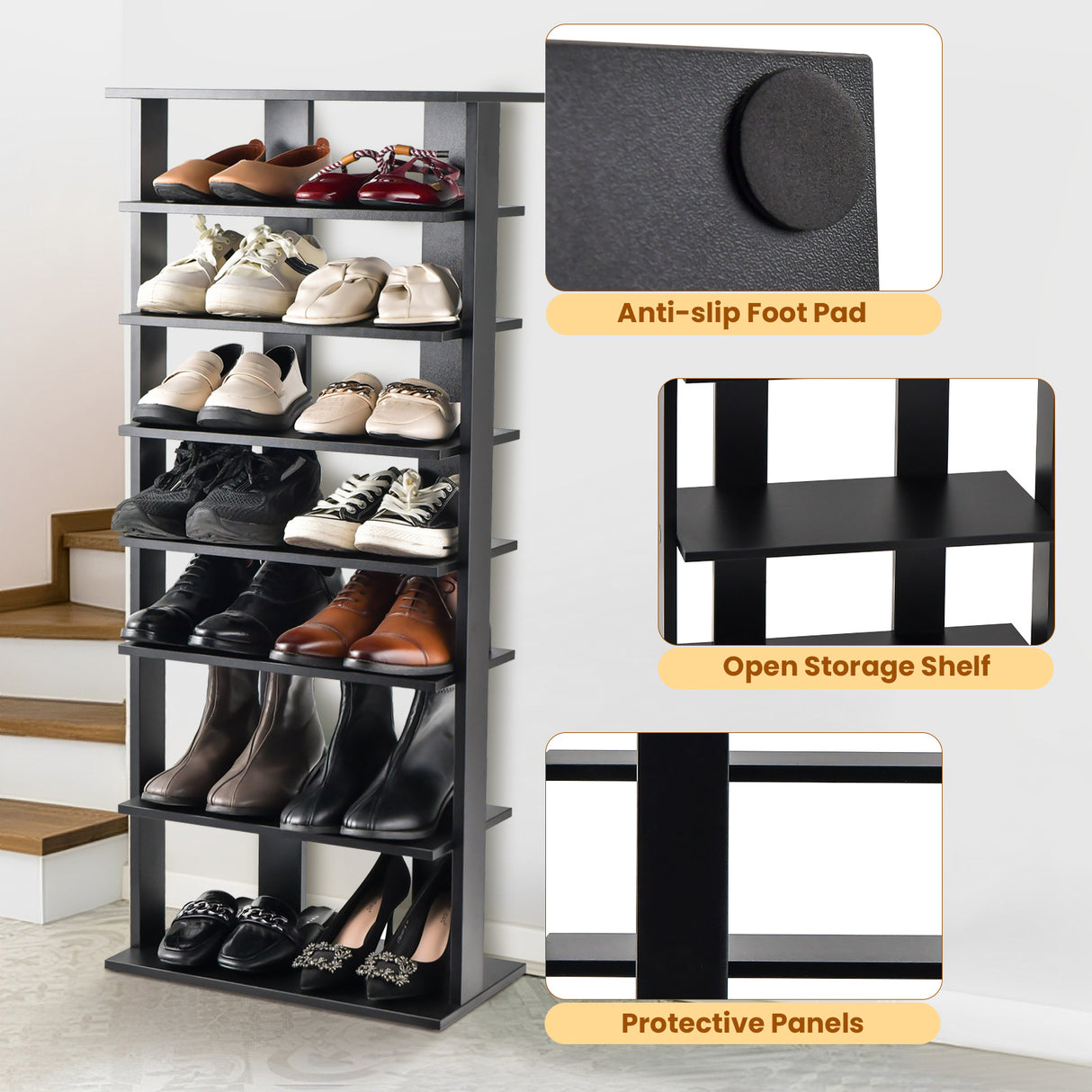 7-Tier Dual Shoe Rack Free Standing Shelves Storage Shelves Concise-Black