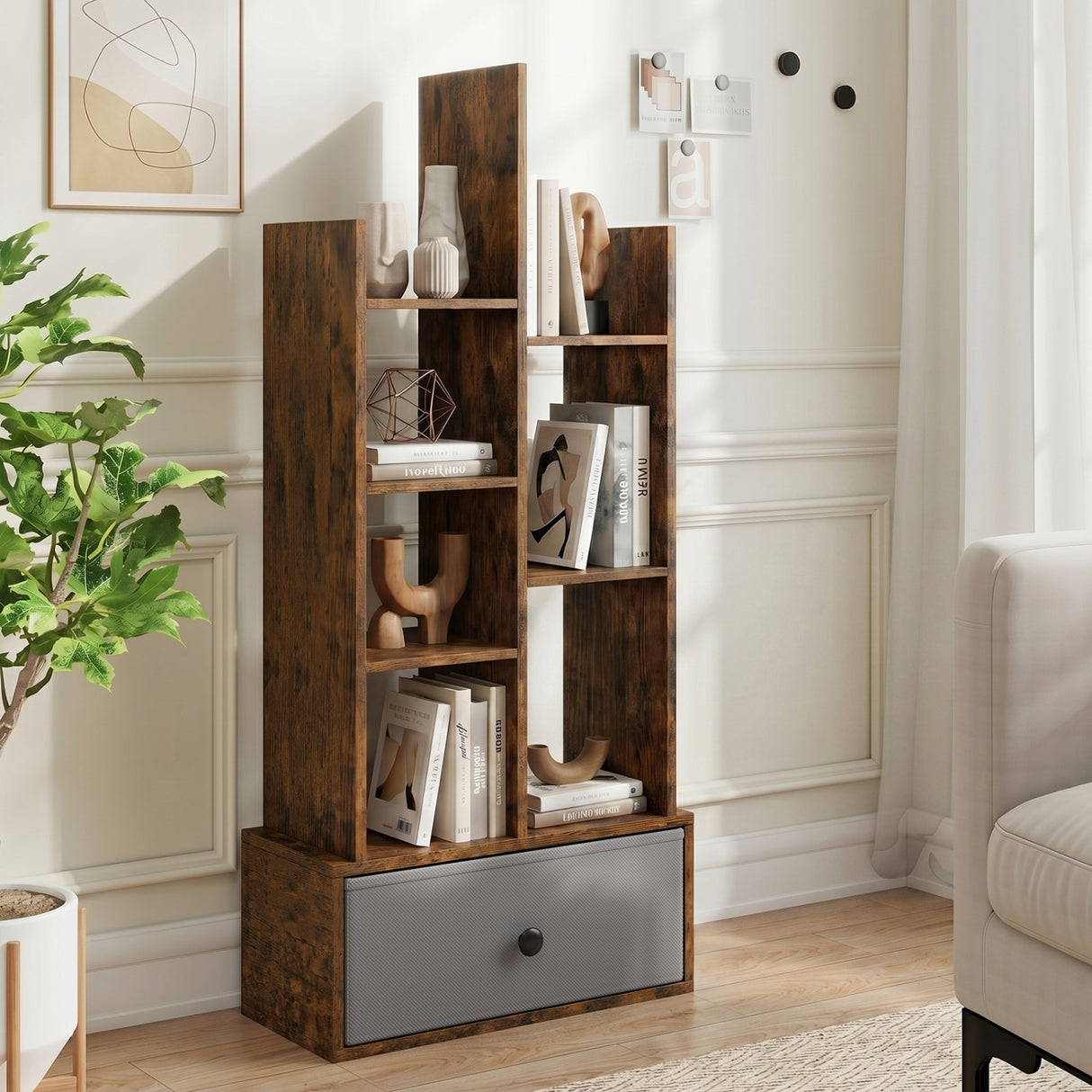 7-Tier Open-Back Bookshelf with Drawer-Rustic Brown