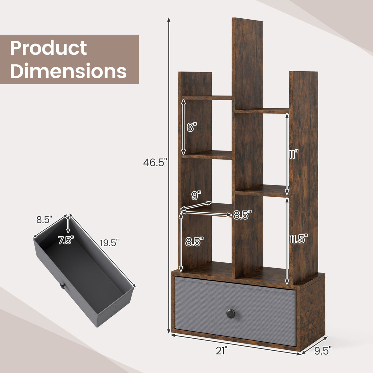 7-Tier Open-Back Bookshelf with Drawer-Rustic Brown