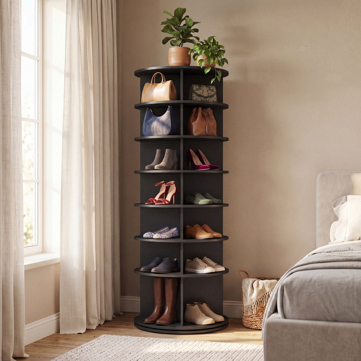7-Tier Rotating Shoe Rack Tower Freestanding Spinning Shoe Organizer-Black