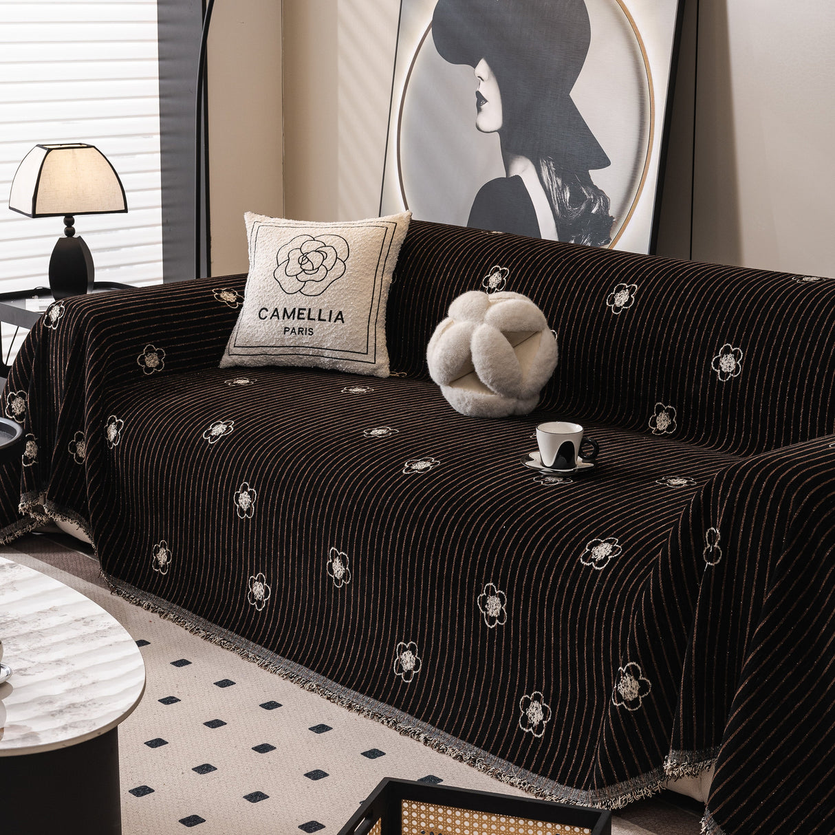 Chenille Camellia Floral Sofa Throw Cover Couch Blanket with Striped Jacquard