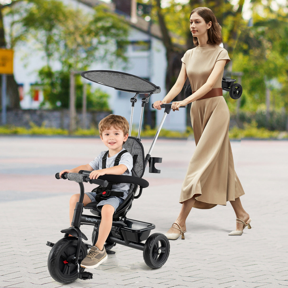 7-in-1 Baby Stroller Tricycle with Adjustable Canopy and Foldable Footrests for Ages 9-60 Months Old-Gray