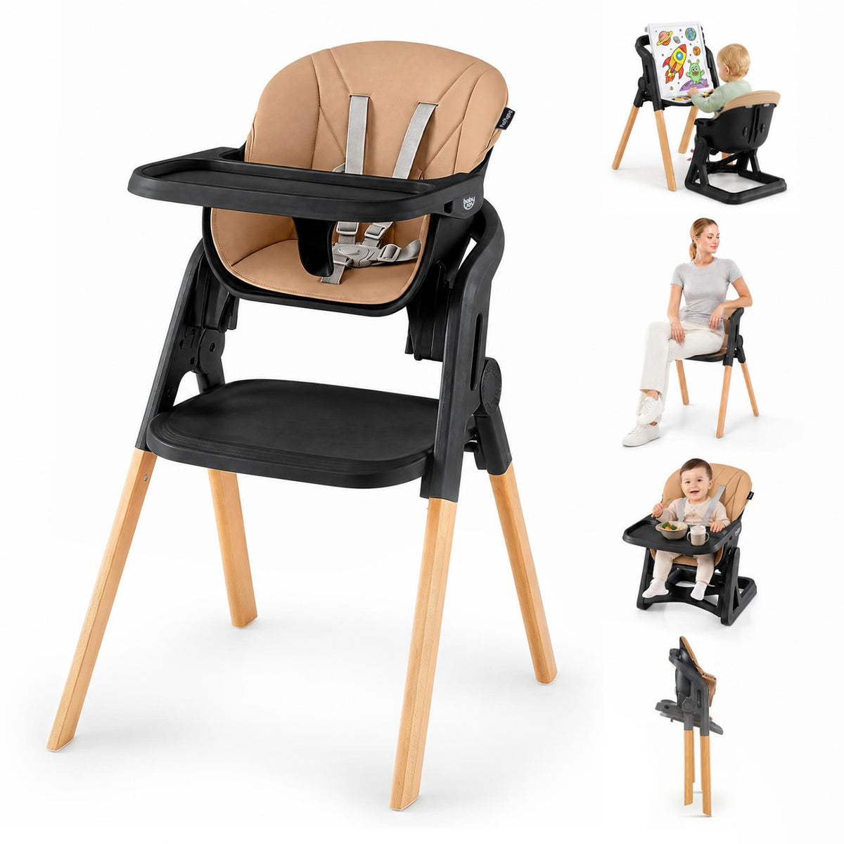 7-in-1 Convertible Foldable Baby High Chair with Adjustable Tray for Kids-Brown