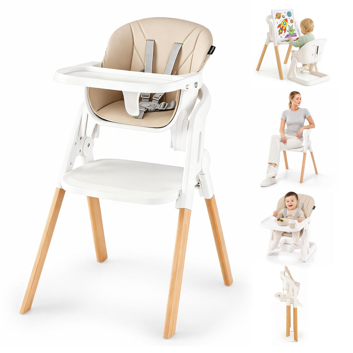 7-in-1 Convertible Foldable Baby High Chair with Adjustable Tray for Kids-Beige