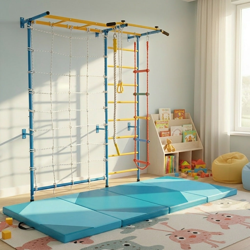 7-in-1 Swedish Ladder with Folding Gymnastics Mat for Solid Wall for Kids