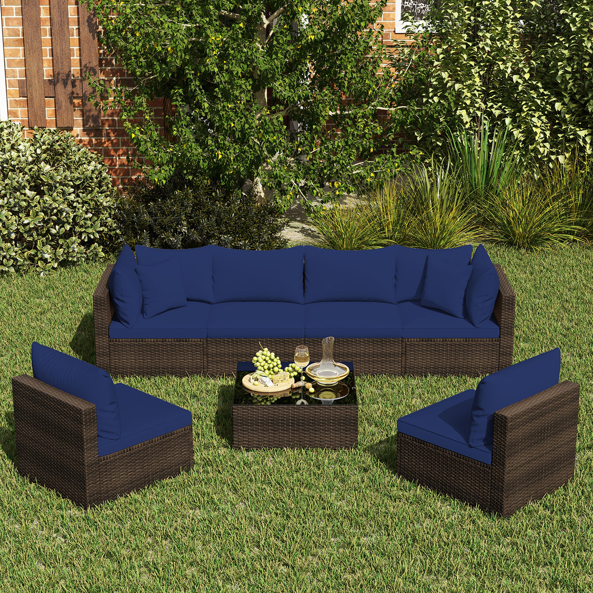 7 Pieces Patio Rattan Furniture Set with Sectional Sofa Cushions-Navy