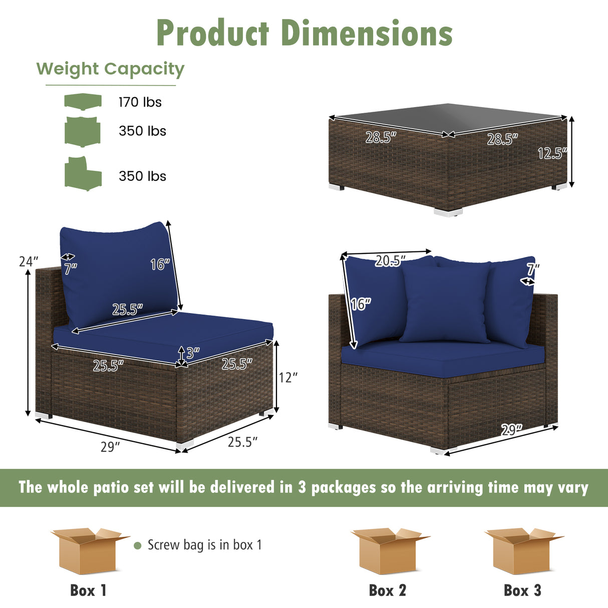 7 Pieces Patio Rattan Furniture Set with Sectional Sofa Cushions-Navy