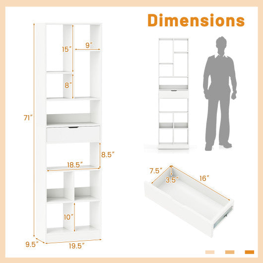 7-tier Bookshelf with Drawer 180cm Floor Standing Display Rack Storage Shelf-White