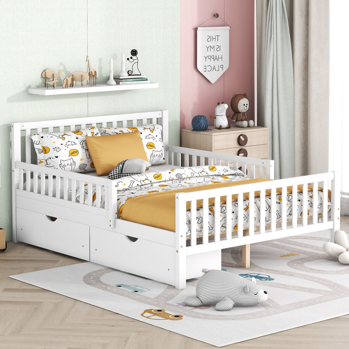 A child's bedroom with a Platform Bed featuring guardrails and 2 storage drawers. The bed has yellow and white animal-themed bedding. The room includes toys, a dresser, wall shelves with figurines, and a light-colored rug with road patterns on the wooden floor.
