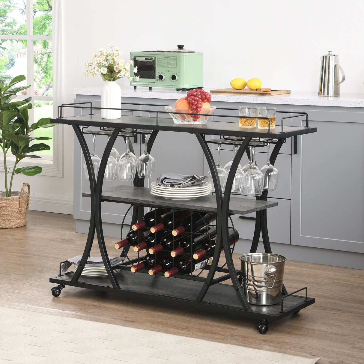 Industrial Bar Cart Kitchen Bar & Serving Cart For Home With Wheels 3 Tier Storage Shelves - Black / Gray by Couch.com