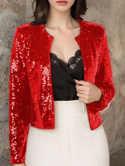 Elegant Women Full-Size Sequin Open Front Cropped Jacket With Glamorous Sparkle Luxury Women Party Jacket
