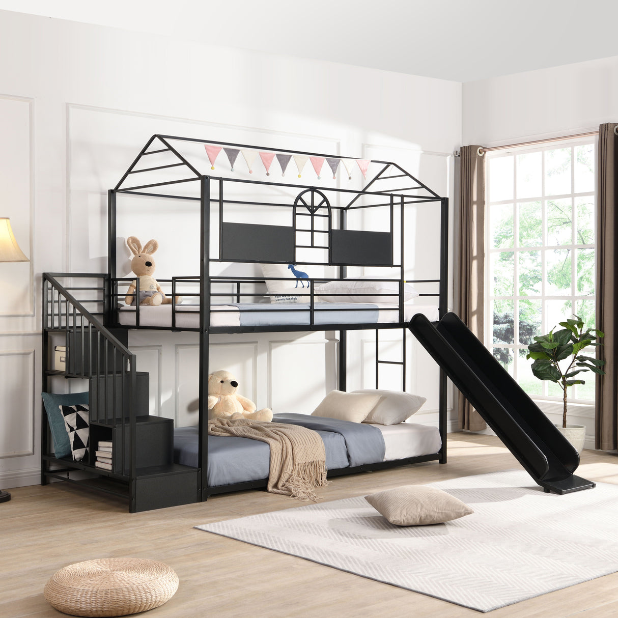 Twin Over Twin Metal Bunk Bed With Slide And Steps by Couch.com