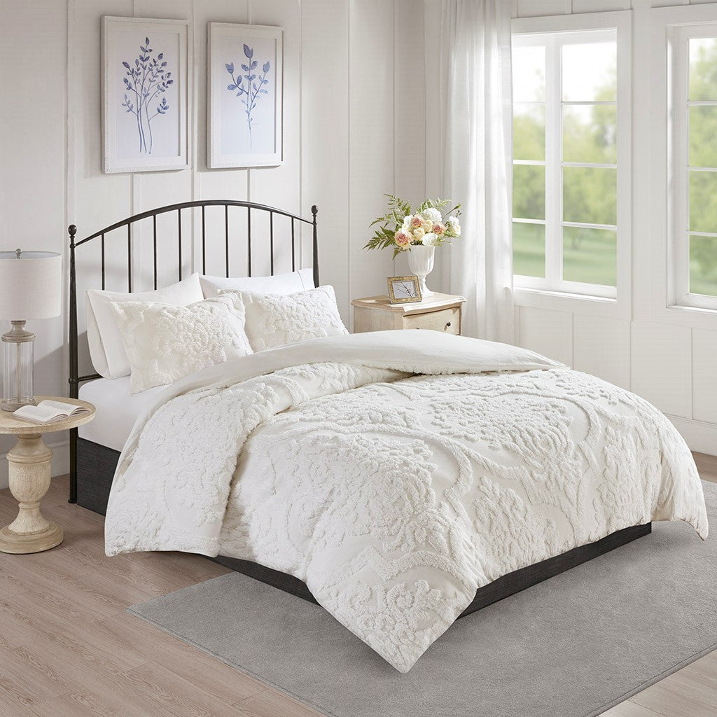 King/Cal King 3 Piece Tufted Cotton Chenille Damask Duvet Cover Set