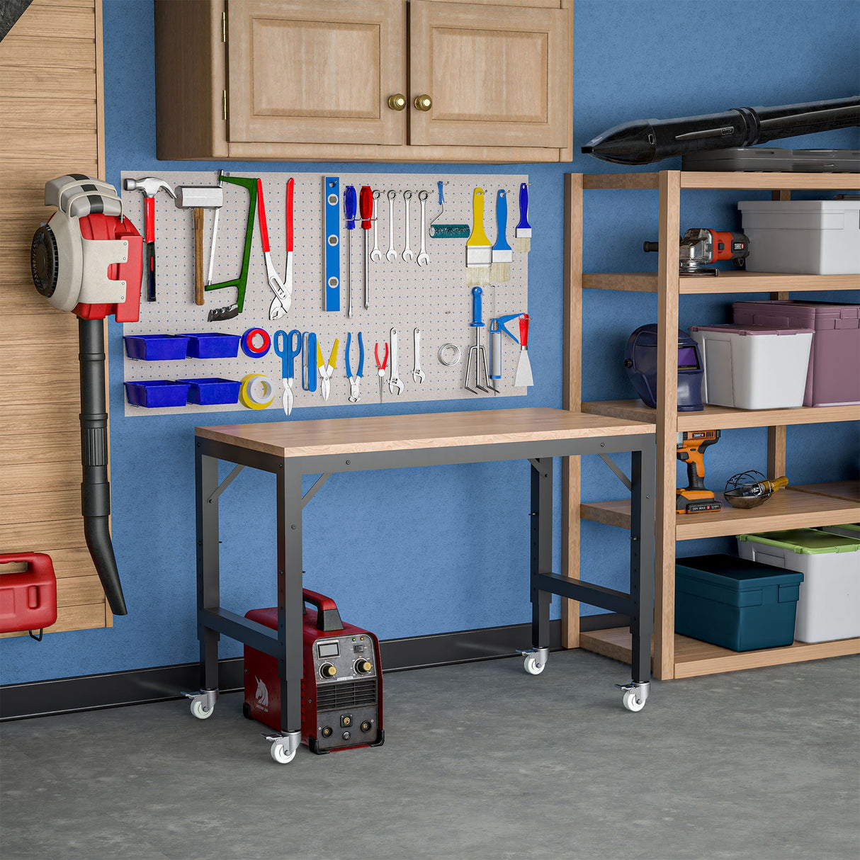 Heavy Duty Adjustable Workbench For Garage, Rubber Wood Shop Table WithMetal Wheels, Hardwood Workstation Weight Capacity Over 2000 Lbs With Wheels - Black by Couch.com