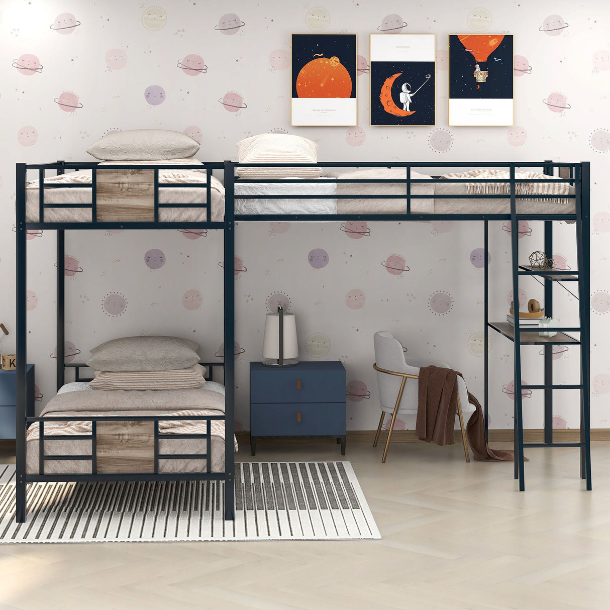 L-Shaped Twin Over Twin Bunk Bed With Twin Size Loft Bed With Desk And Shelf - Brown by Couch.com