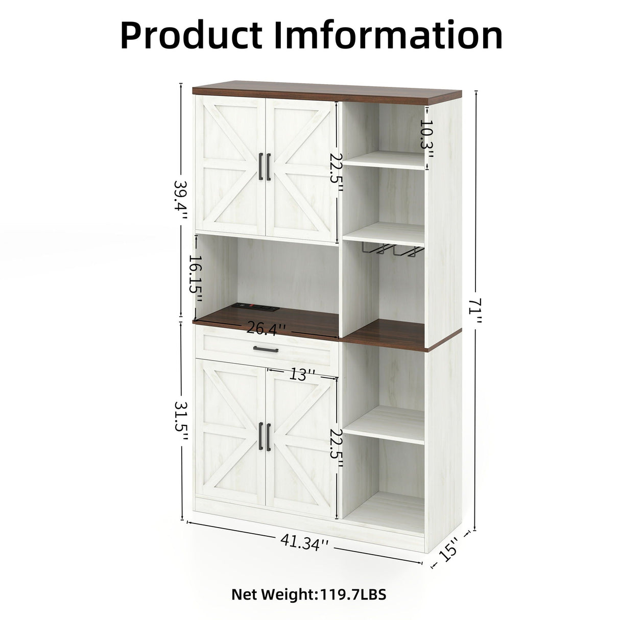 Farmhouse Kitchen Pantry Sideboard With Cabinet And Drawer, Multi Functional Kitchen Buffet With Hutch And Glass Holder, Microwave Stand With Charging Station - Brown / Antique White by Couch.com