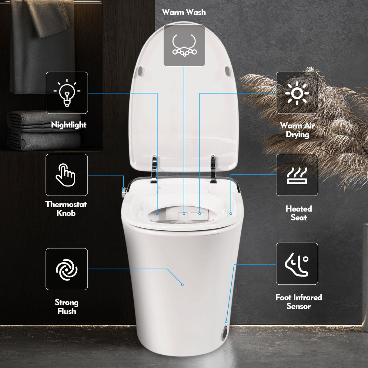 Luxury Smart Toilet With Dryer And Warm Water, Elongated Bidet Toilet With Heated Seat, With Remote Control, Led Night Light, Power Outage Flushing, Soft Close Cover - White by Couch.com