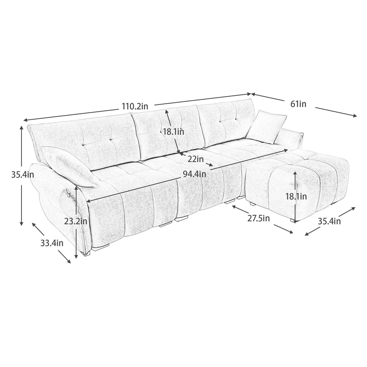 Elegant Sofa Set With Ottoman And Pillows, Textured Chenille, High Resilience Cushions by Couch.com