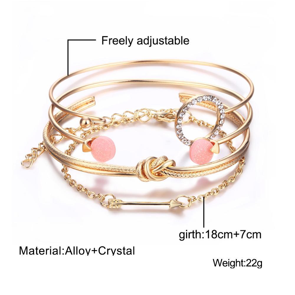 Luxury Modern Gold Crystal Circle Arrow Bracelets Set for Women In Bohemian Pink Opal Adjustable Charm Bracelet Jewelry Style for Women and Ladies