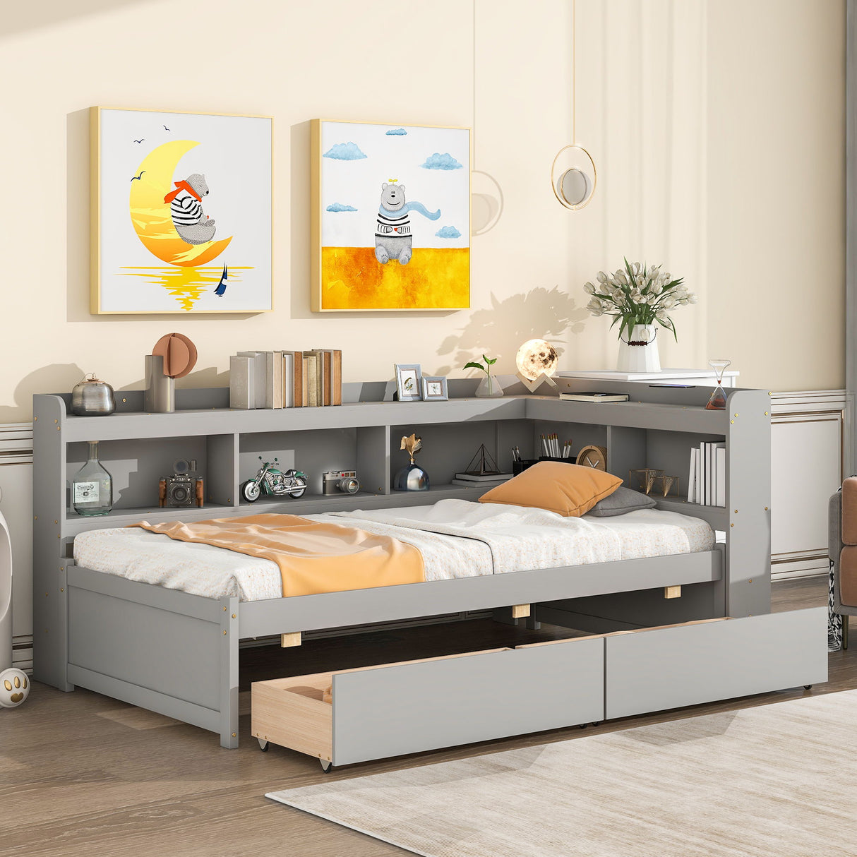 Twin Bed With L-Shaped Bookcases, Drawers by Couch.com