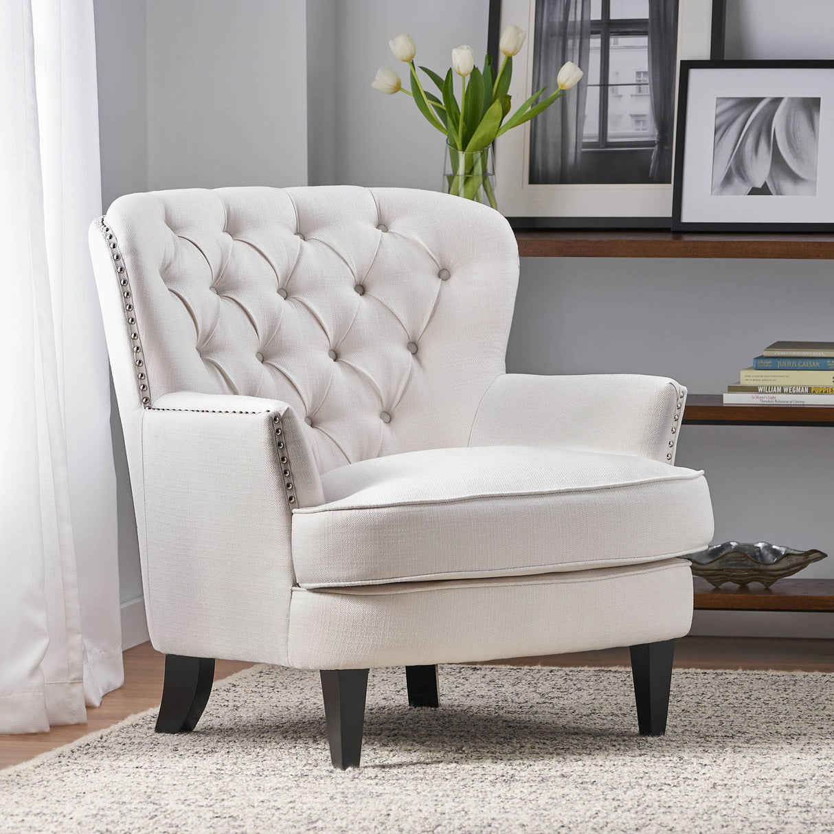 Modern Accent Chair Upholstered Foam Filled Living Room Chairs Comfy Reading Chair Mid Century Modern Chair, Armchair For Living Room Bedroom - Ivory by Couch.com