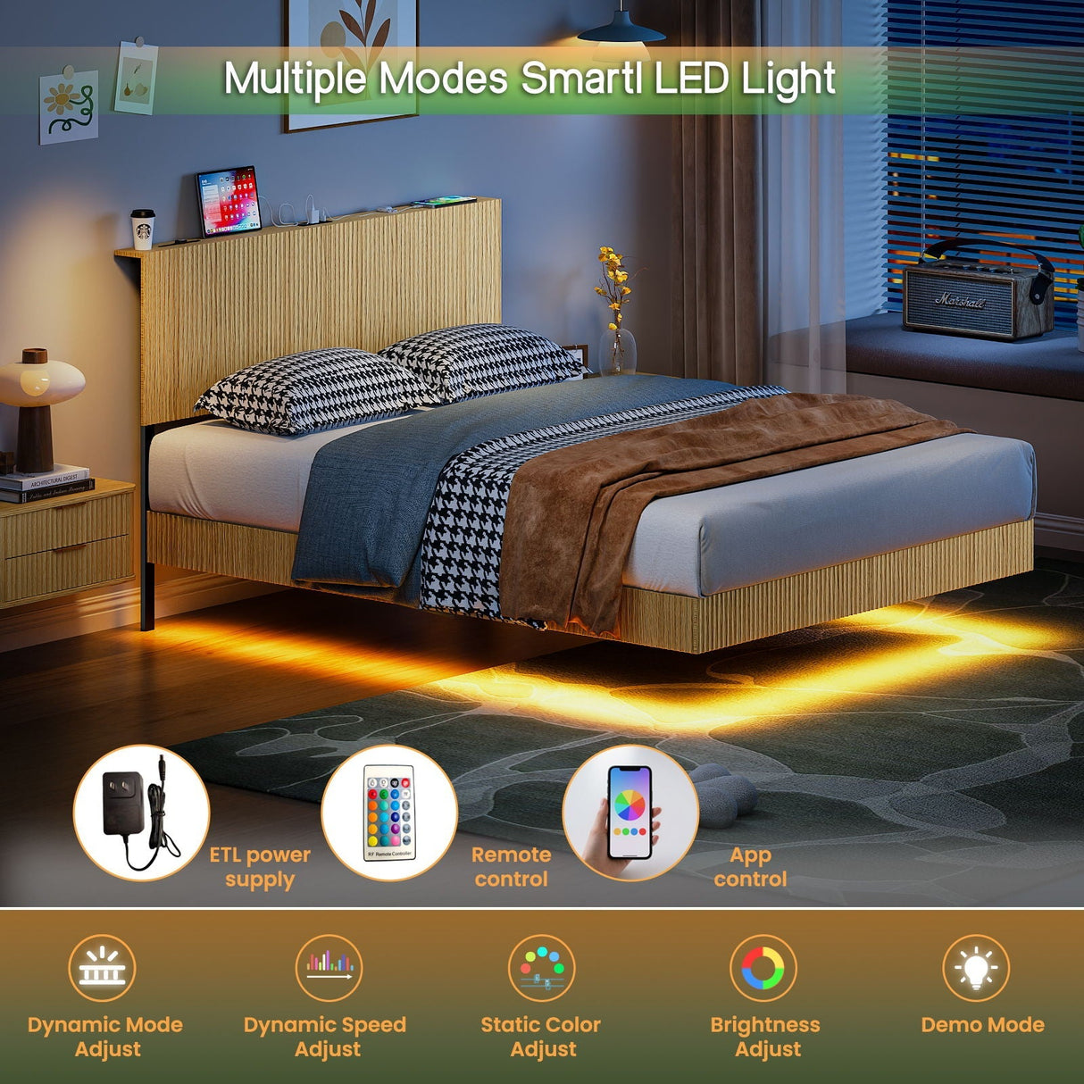 Floating Bedstead With Charging Station And LED Lights