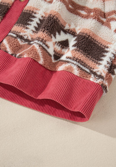 Retro Unique Geometric Print Corduroy Trim Button-Up Jacket Classic Modern Deep Rose Jacket