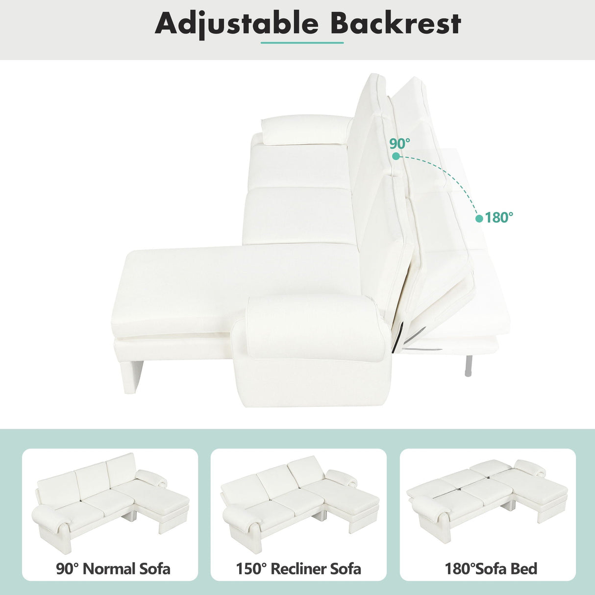 Convertible Futon Sofa Bed With Adjustable Backrest, Reversible Chaise Lounge And 2 Removable Armrest Pillows by Couch.com