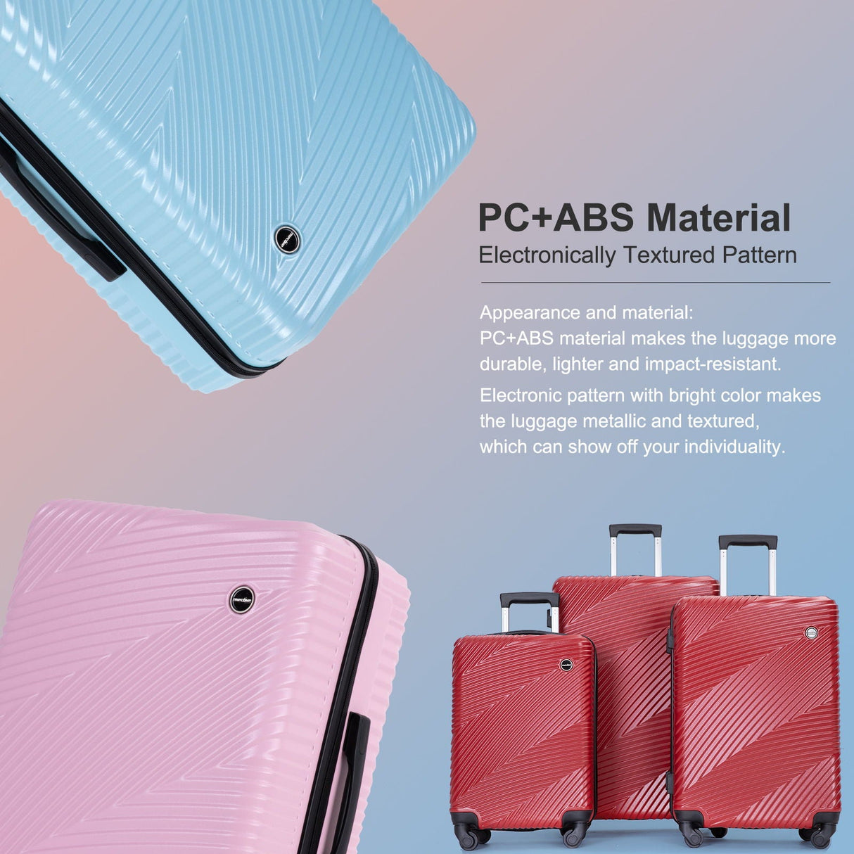 The "3 Piece Luggage Sets Lightweight Suitcase With Two Hooks, Spinner Wheels" features two close-up images of blue and pink suitcases with an electronically textured pattern showcasing their PC+ABS material. Additionally, three pink suitcases of different sizes are displayed against a gradient background.