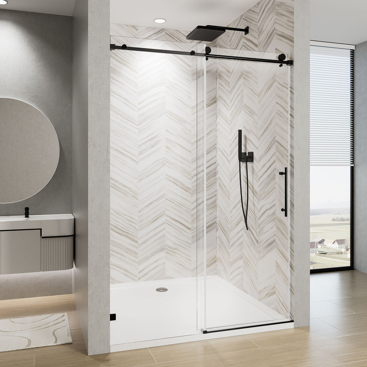 Frameless Single Sliding Soft Close Shower Door, 5 / 16" Clear Nano Coated Tempered Glass And 304 Stainless Steel Handle - Matte Black by Couch.com