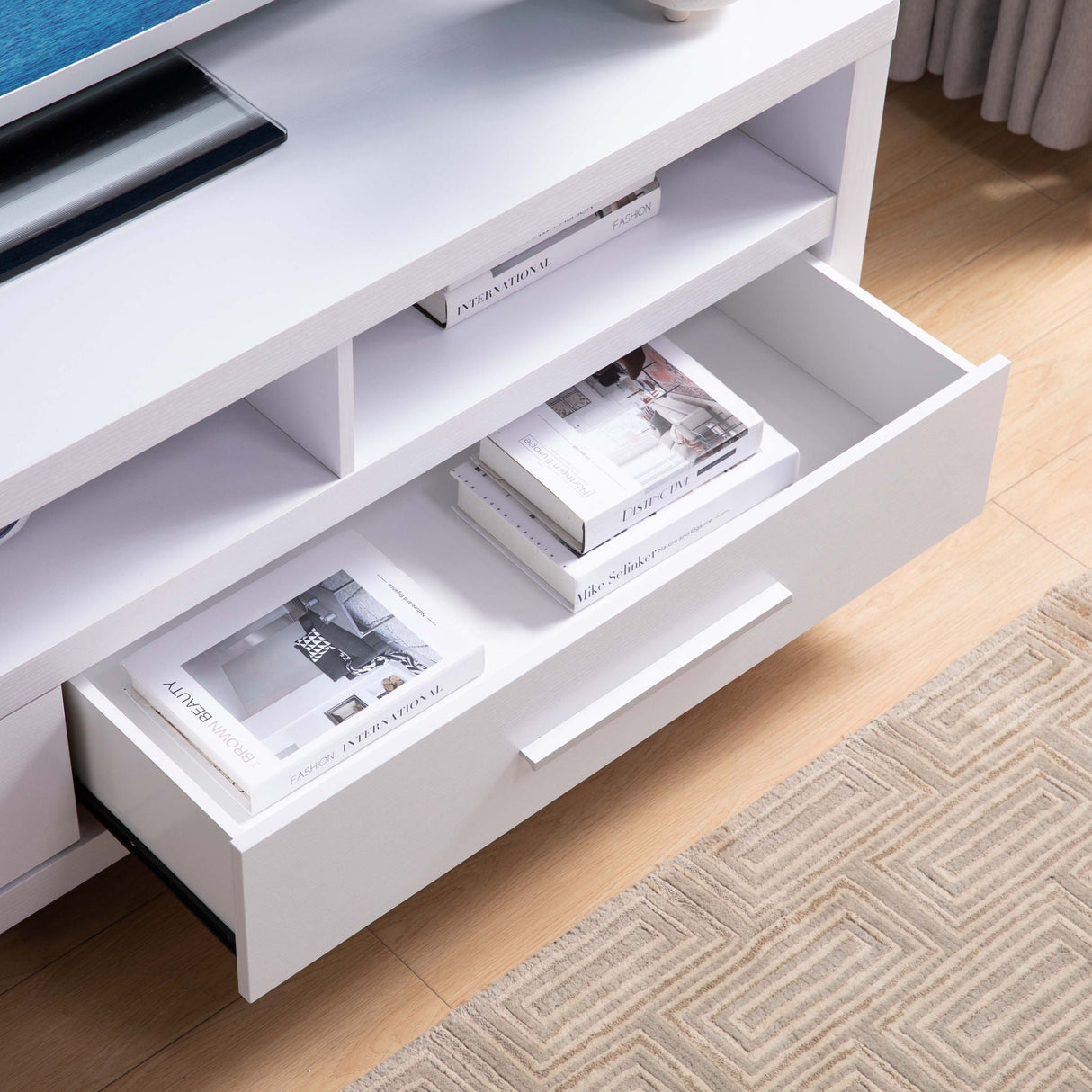Modern White TV Media Stand, Home Entertainment Center With Open Shelving And Two Drawers - White by Couch.com