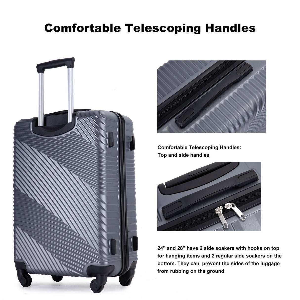 A gray textured 3-piece luggage set with spinner wheels and telescoping handles is shown upright. Close-ups reveal secure zippers, durable top and side handles, adjustable handles, and two soaker hooks for hanging items.