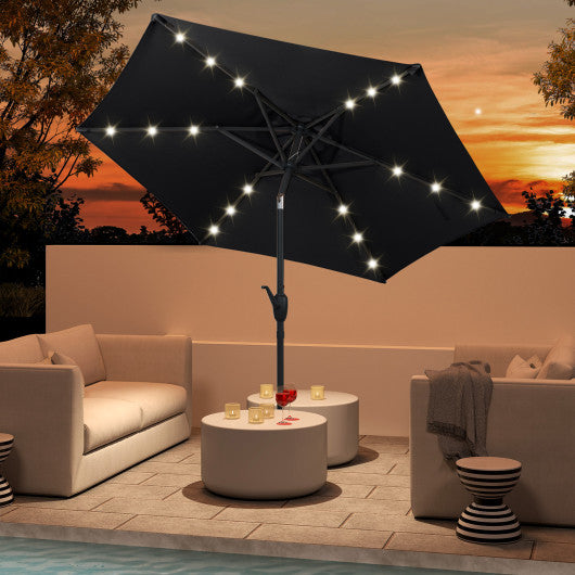 7.5 Feet Solar Powered Patio Umbrella with LED Lights and Crank Handle-Black