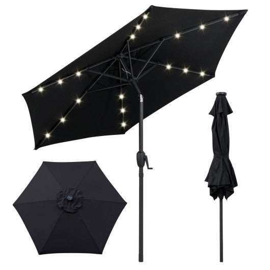 7.5 Feet Solar Powered Patio Umbrella with LED Lights and Crank Handle-Black