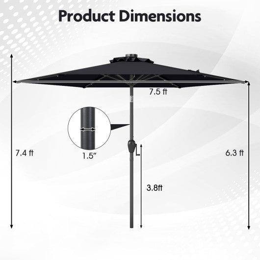 7.5 Feet Solar Powered Patio Umbrella with LED Lights and Crank Handle-Black