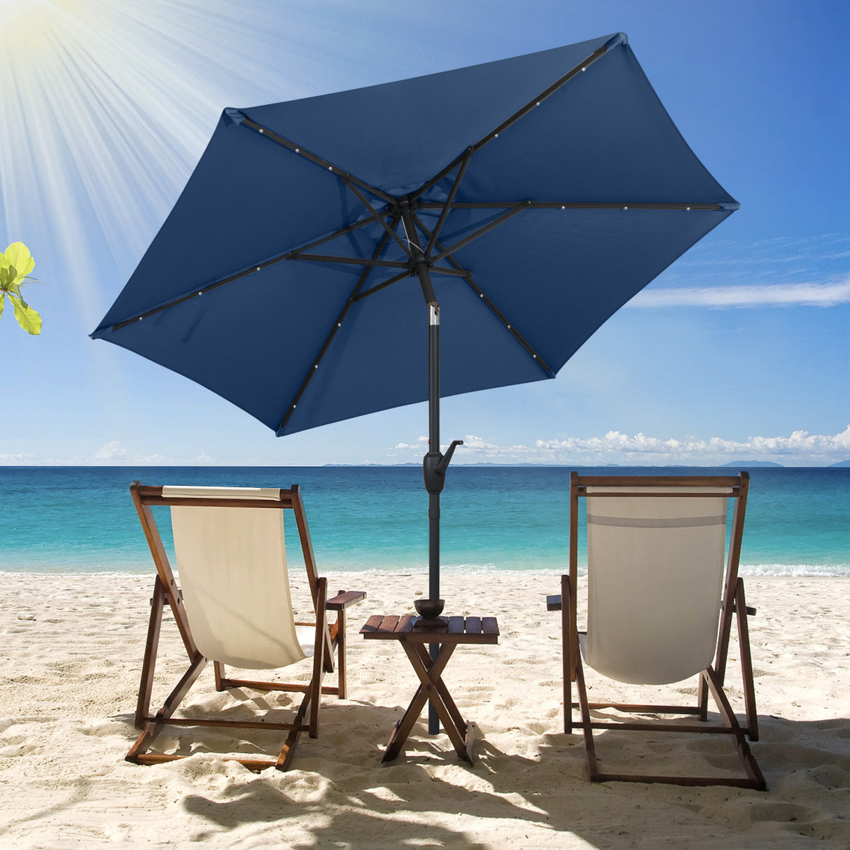 7.5 Feet Solar Powered Patio Umbrella with LED Lights and Crank Handle-Navy