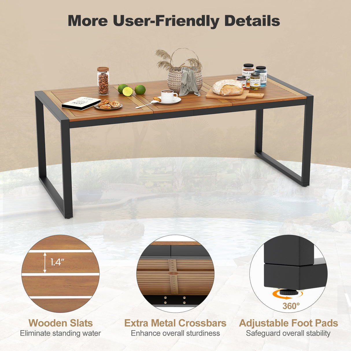79 Inch Acacia Wood Patio Table with 1.9 Inch Umbrella Hole for Garden and Poolside