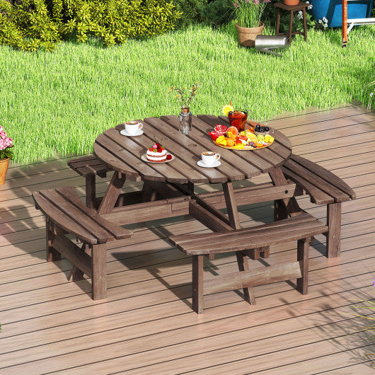 8-Person Round Picnic Table Set Circular Patio Dining Camping Table with Benches-Brown