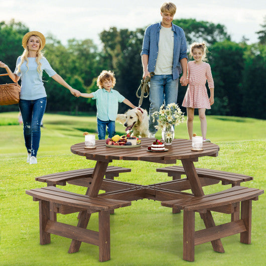 8-Person Round Picnic Table Set Circular Patio Dining Camping Table with Benches-Brown