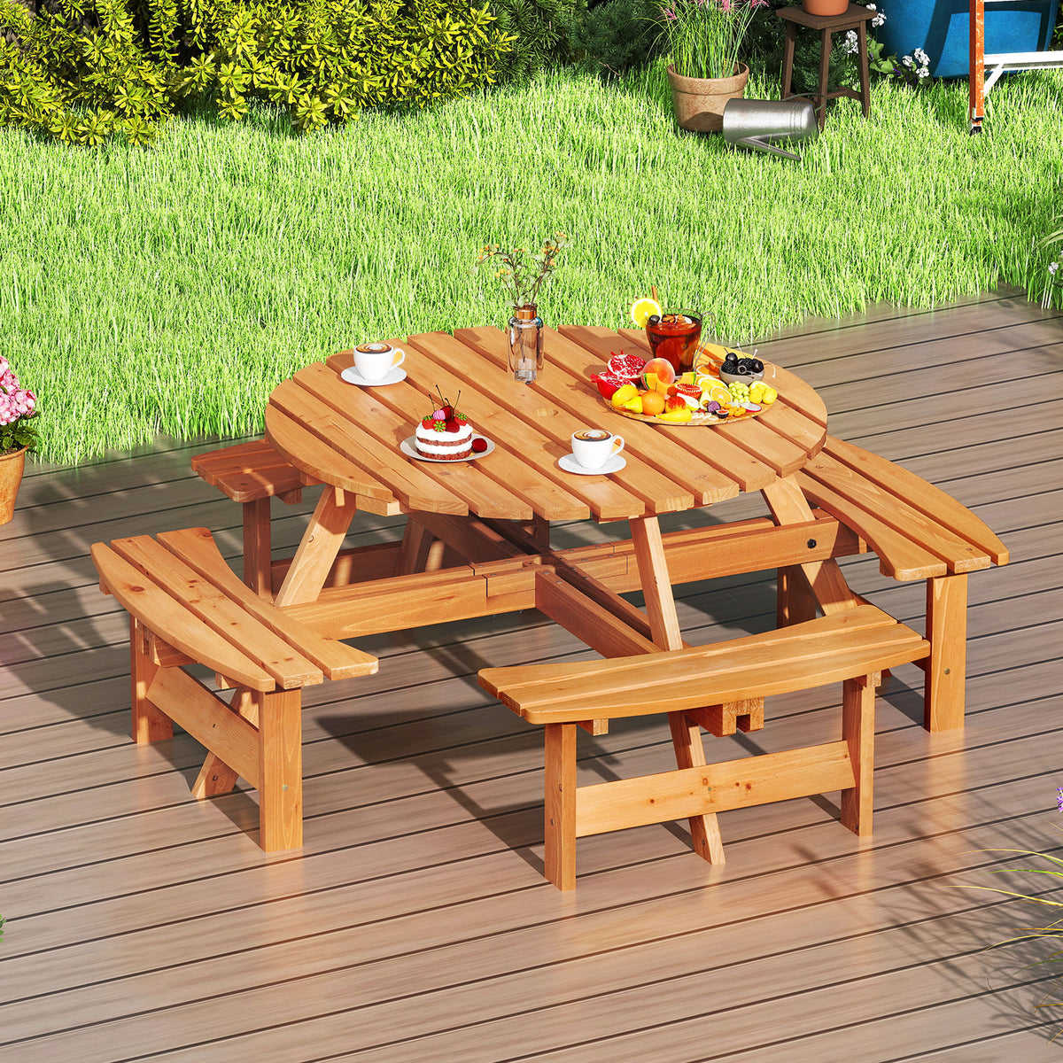 8-Person Round Picnic Table Set Circular Patio Dining Camping Table with Benches-Yellow