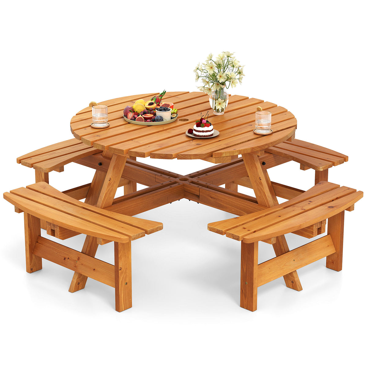 8-Person Round Picnic Table Set Circular Patio Dining Camping Table with Benches-Yellow
