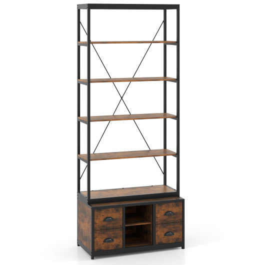 8-tier Bookshelf with 4 Fabric Drawers and Heavy-duty Metal Frame-Coffee