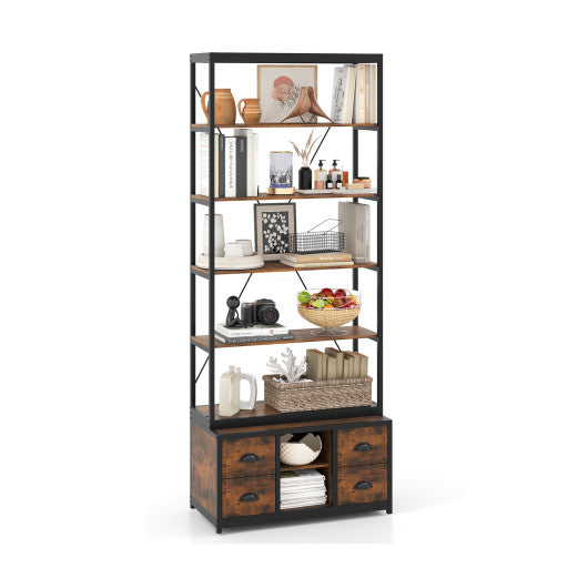 8-tier Bookshelf with 4 Fabric Drawers and Heavy-duty Metal Frame-Coffee