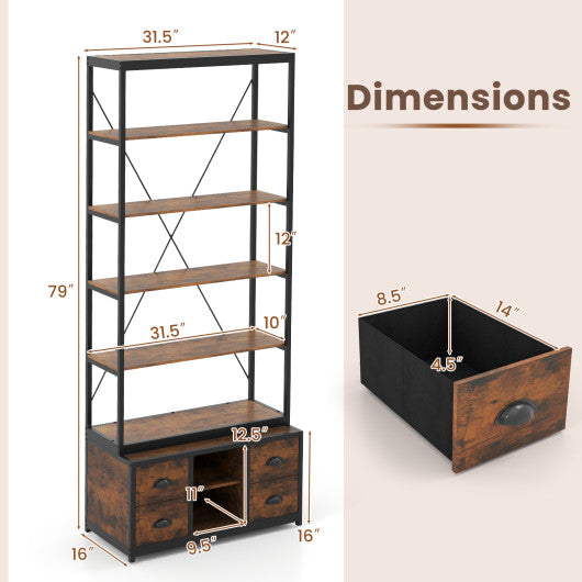 8-tier Bookshelf with 4 Fabric Drawers and Heavy-duty Metal Frame-Coffee