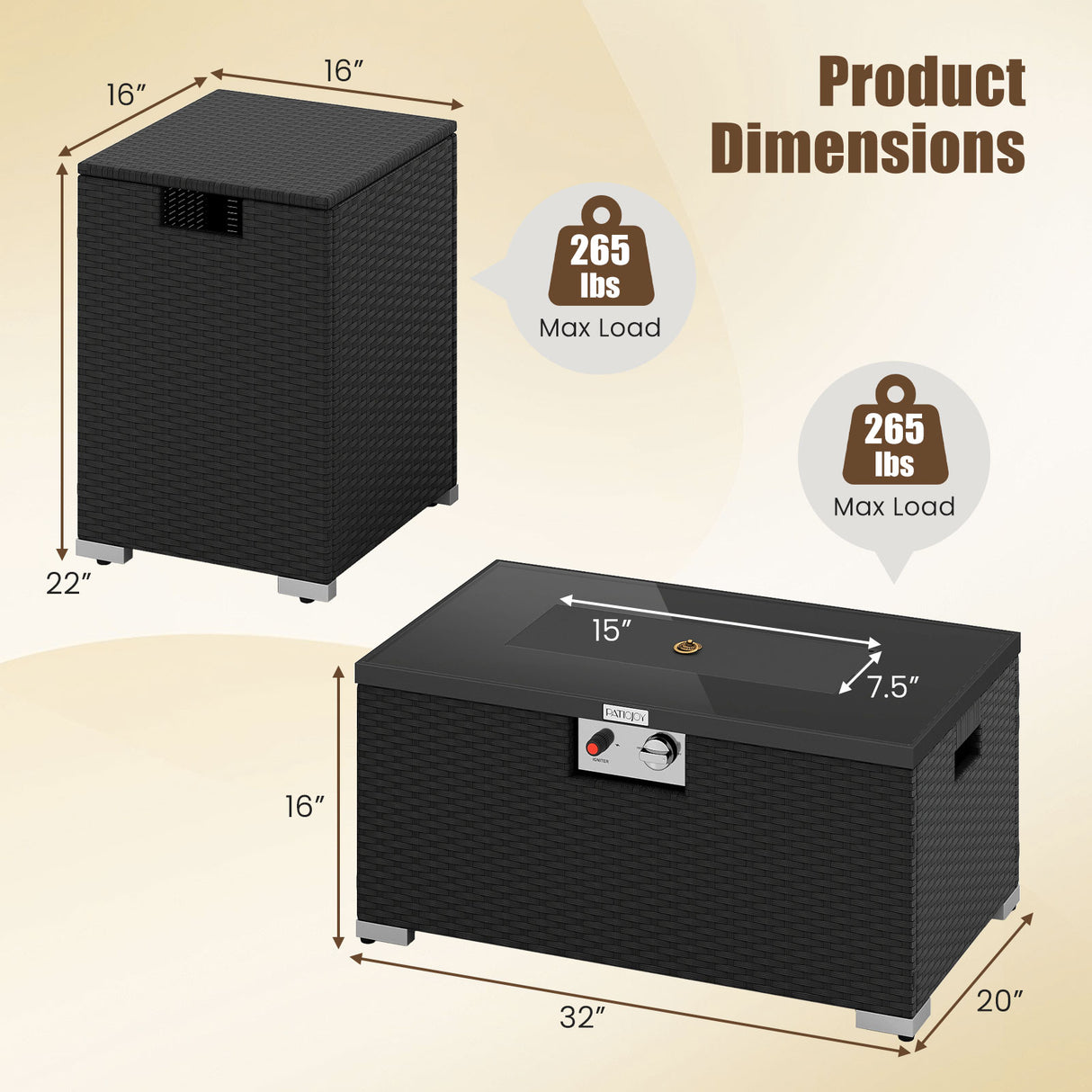 2-Piece Outdoor Rattan Fire Table Set 32 Inch Rectangle Gas Firepit with Tank Cover-Black