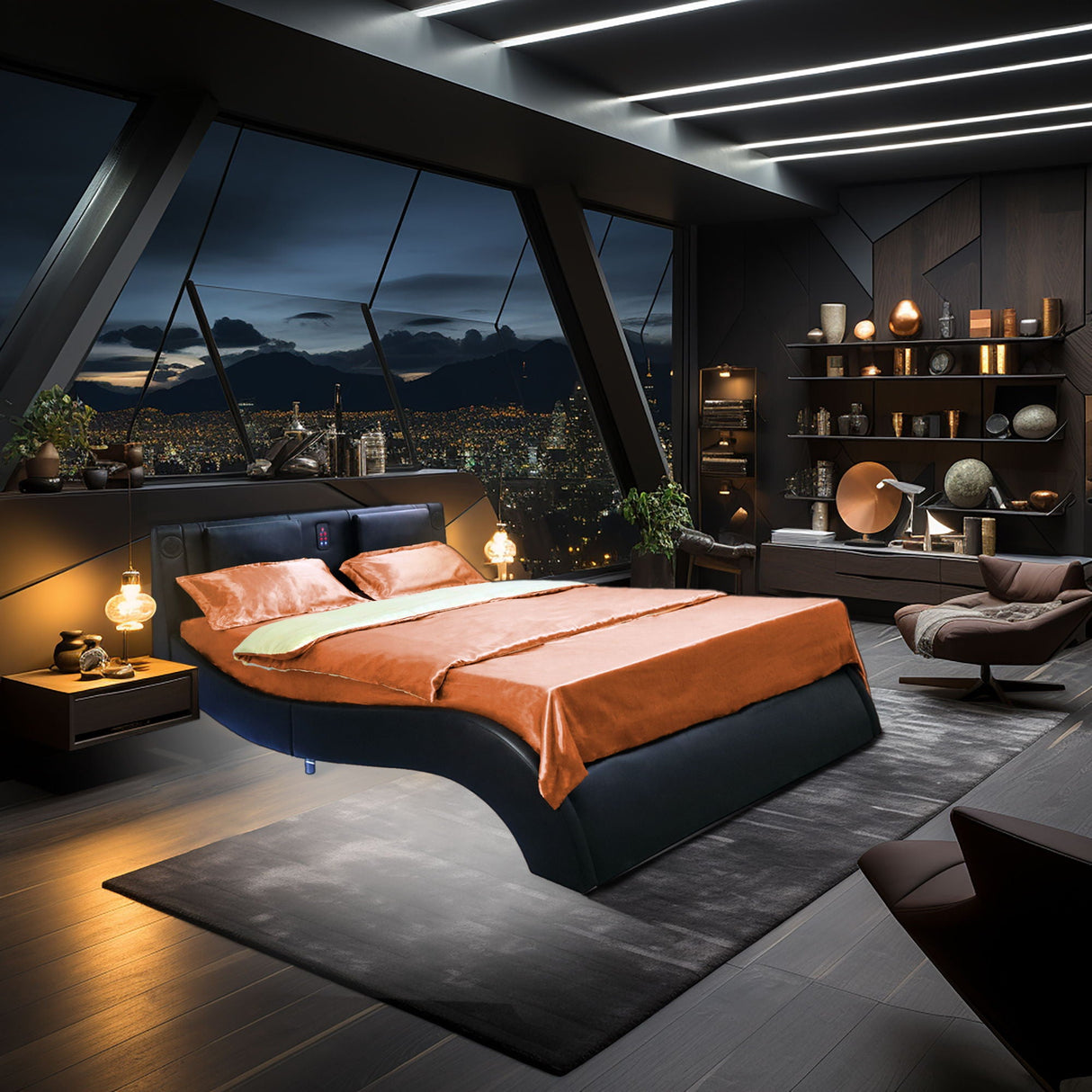 Queen Size Upholstered Platform Bed Frame With LED Lighting, Bluetooth Connection To Play Music Control, Backrest Vibration Massage, Curve Design, Wood Slat Support, Exhibited Speakers - Black by Couch.com